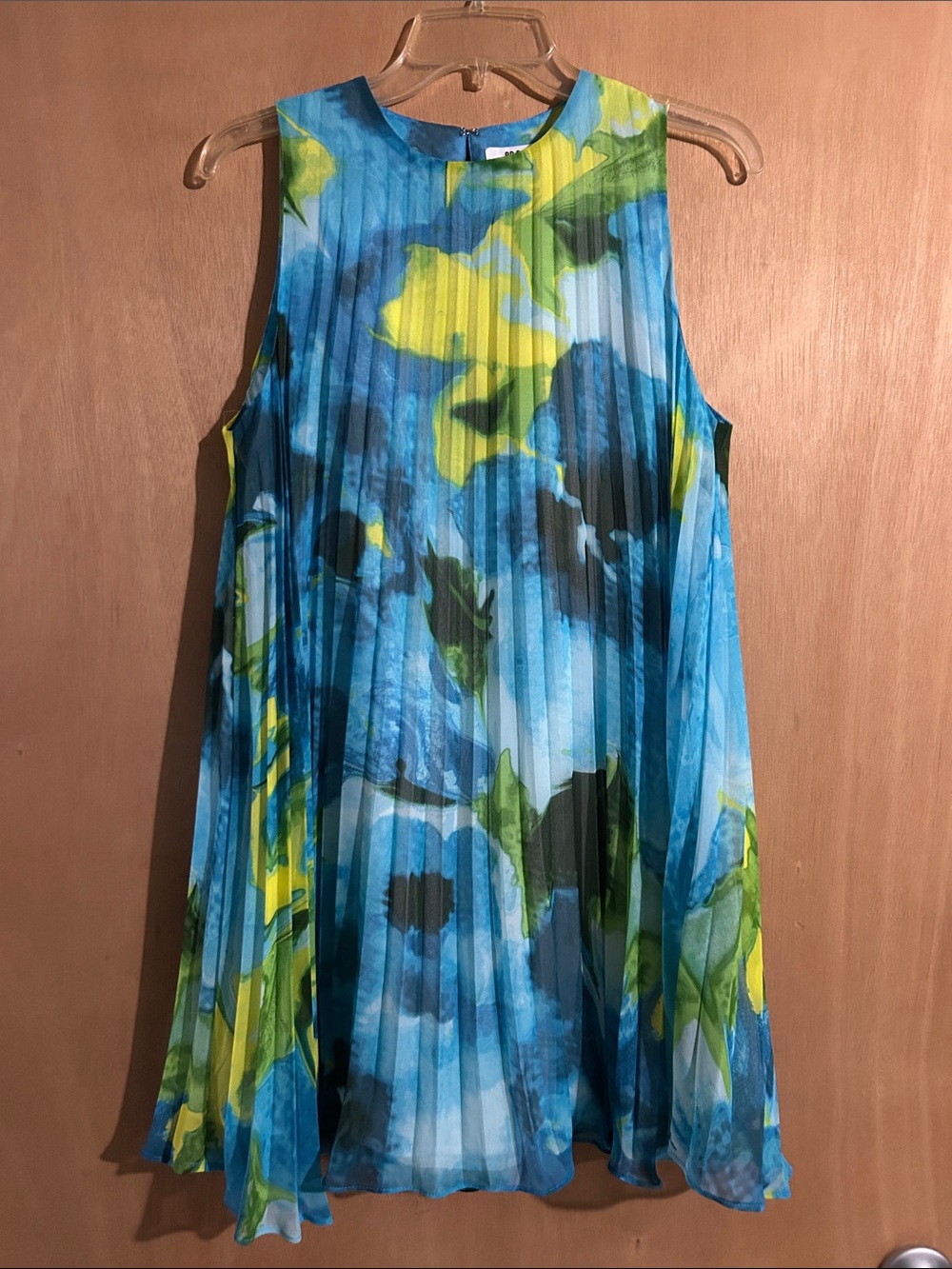 BB Dakota Blue & Green Pleated Floral Swing Dress